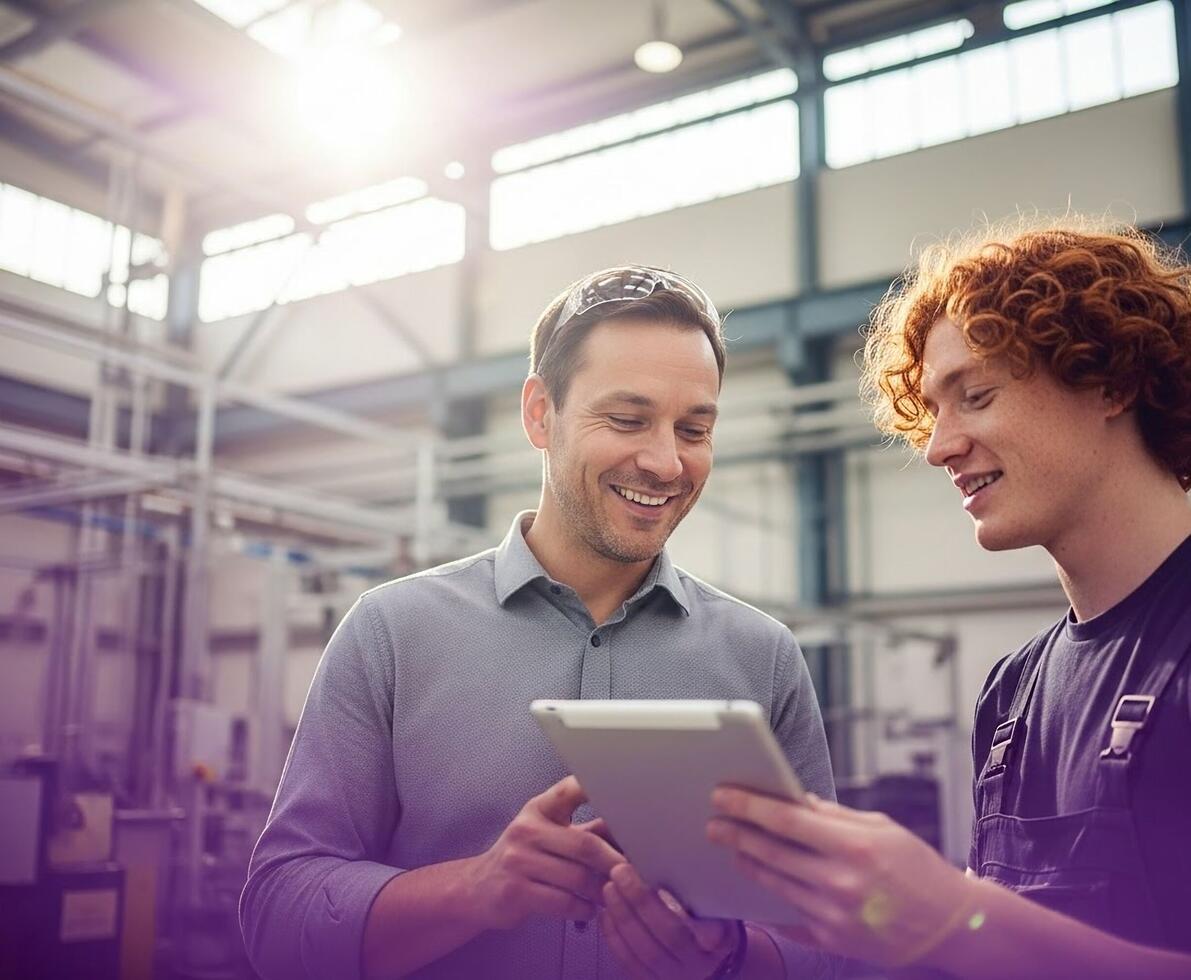 Two men in an industrial setting reviewing information on a tablet, with warehouse equipment visible around them. AI generated.