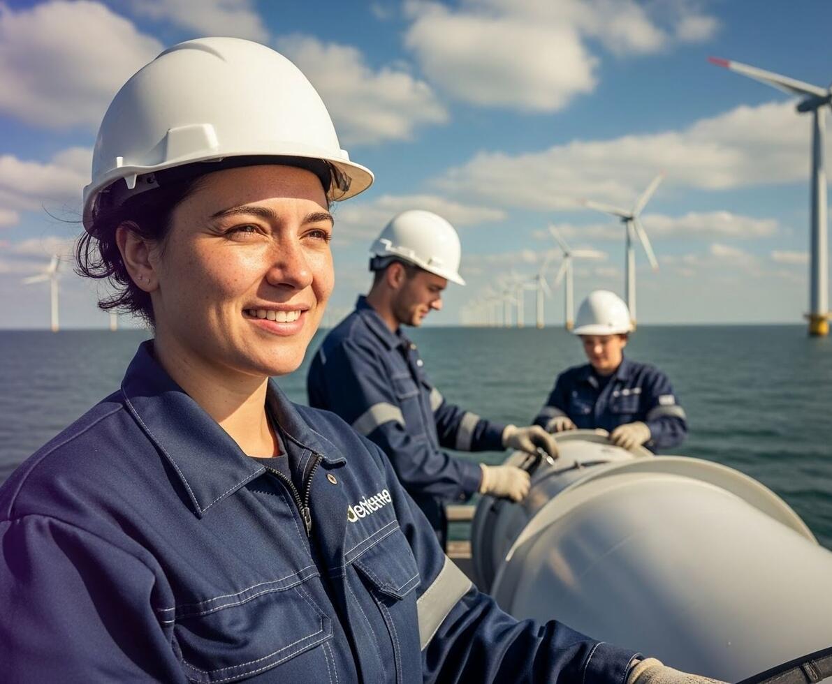 Women in blue hard hats collaborating on the assembly of a wind turbine against a clear sky. AI generated.