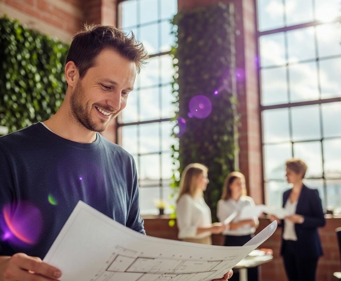 In an office setting, a man is holding a blueprint, reviewing the details with concentration. AI generated.