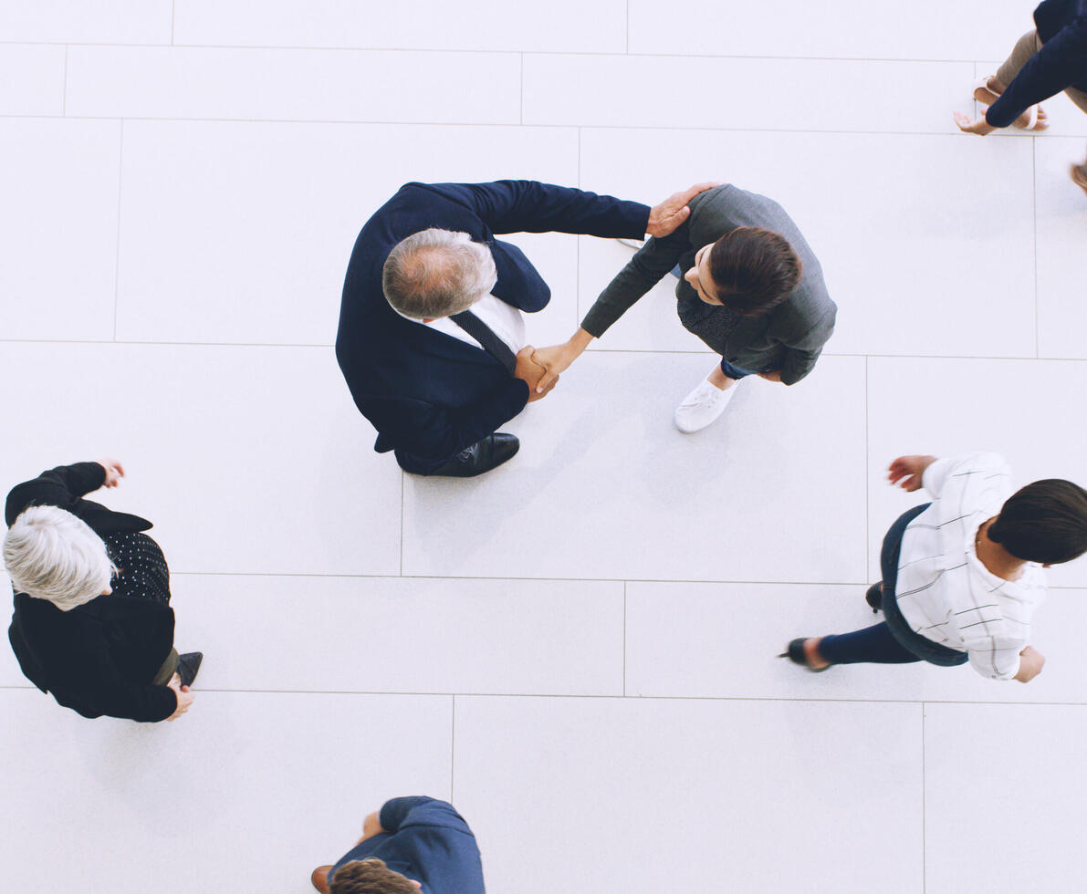 fugleperspektiv av kolleger som hilser 